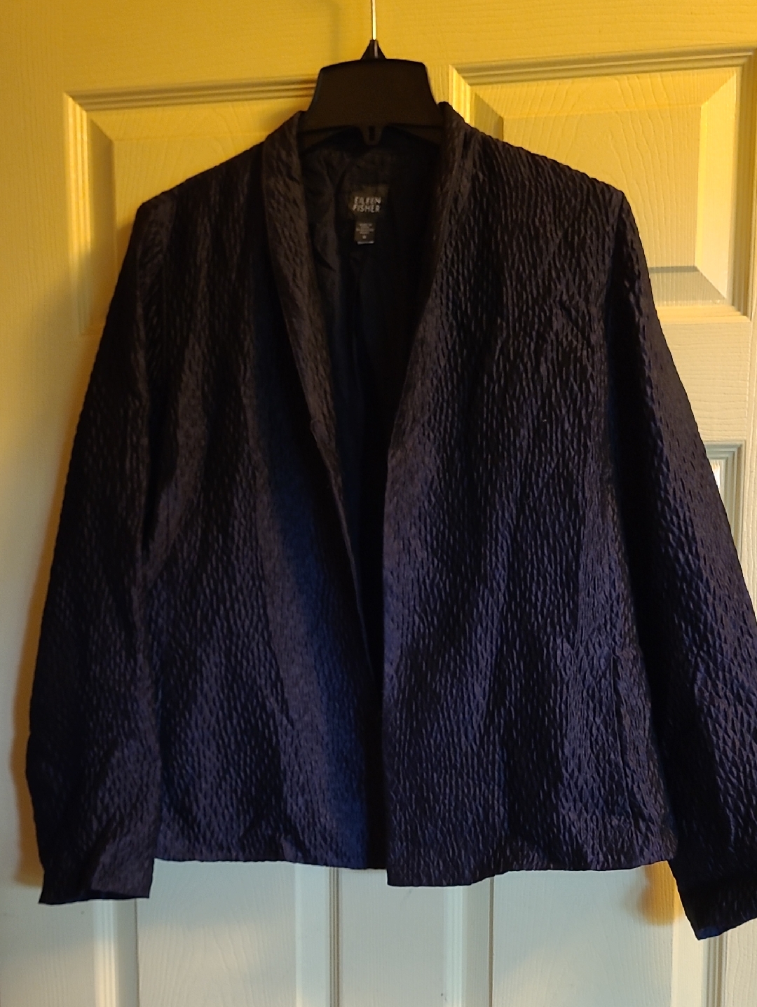 Eileen Fisher Crinkled Silk Blend Ink Blue Textured Open-Front Jacket Medium